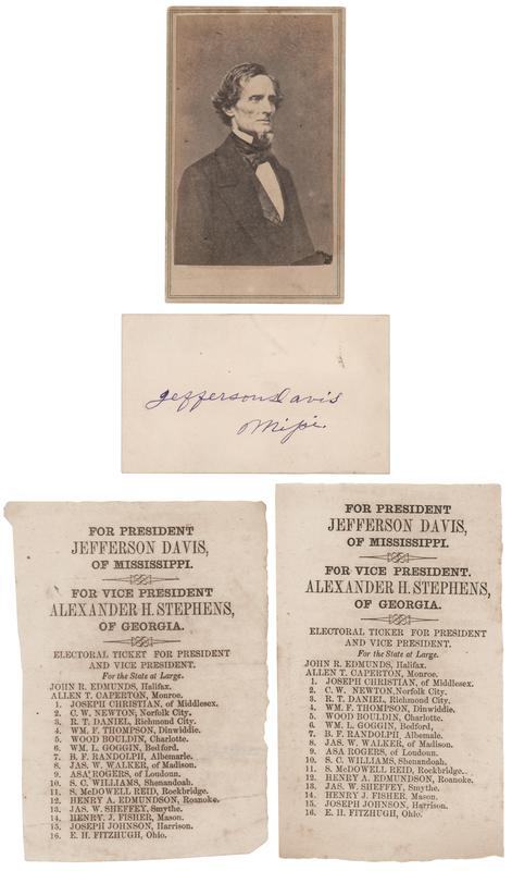 Lot 359 Jefferson Davis Signature, Carte-de-Visite, and (2) Confederate Electoral Tickets