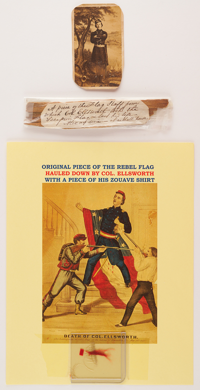 Lot 363 Elmer Ellsworth Flag, Flag Staff, and Shirt Relics, with Carte-de-Visite Portrait