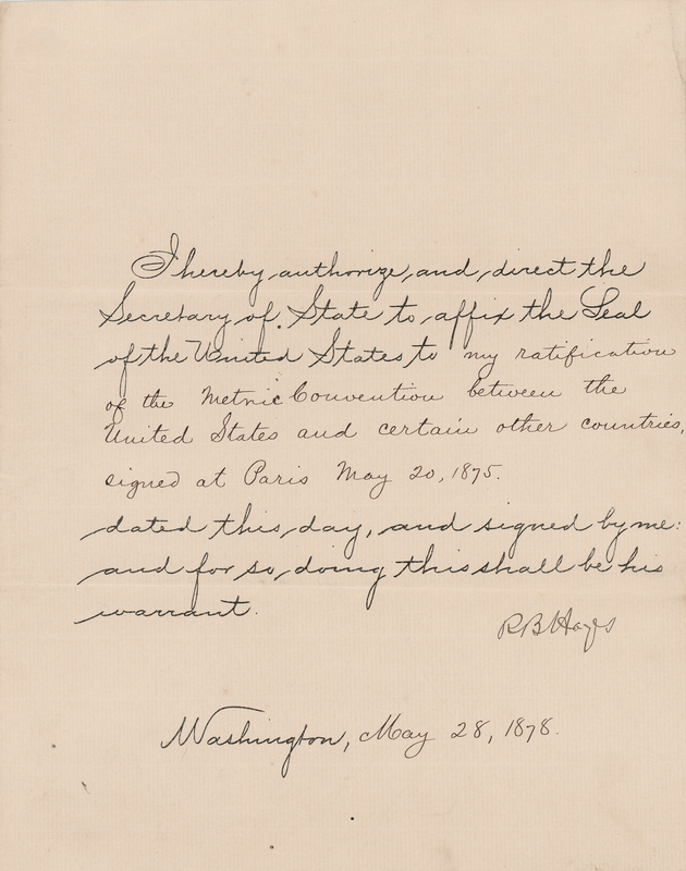Lot 65 Rutherford B. Hayes Document Signed as President, Ratifying the 'Treaty of the Metre' - Standardizing Measurements Worldwide