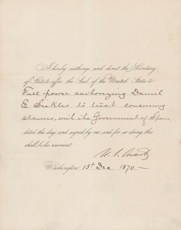 Lot 23 U. S. Grant Document Signed as President, Granting Daniel Sickles Permission to Negotiate with Spain