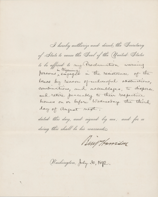 Lot 62 Benjamin Harrison Document Signed as President, Attempting to Restore Law and Order in the American West