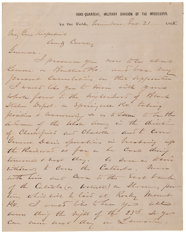 Lot 328 William T. Sherman Civil War-Dated Autograph Letter Signed, Directing Gen. Kilpatrick to Burn Railroad Depots, Bridges, Sawmills, and Other Southern Infrastructure