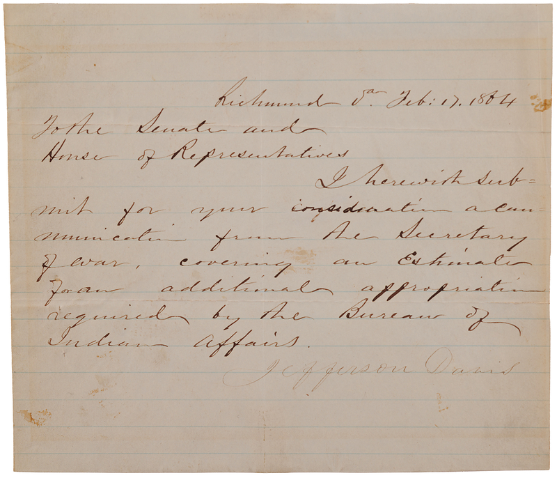 Lot 317 Jefferson Davis Civil War-Dated Letter Signed to the Confederate Congress, on an 