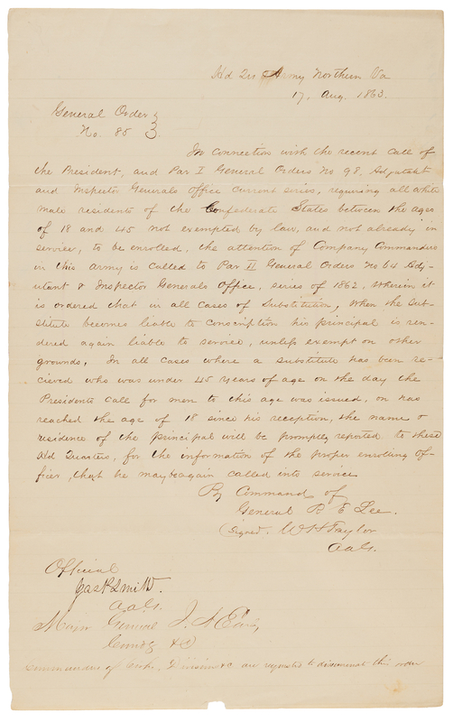 Lot 324 [Robert E. Lee] Civil War-Dated General Order No. 85, Issued to Maj. Gen. Jubal A. Early