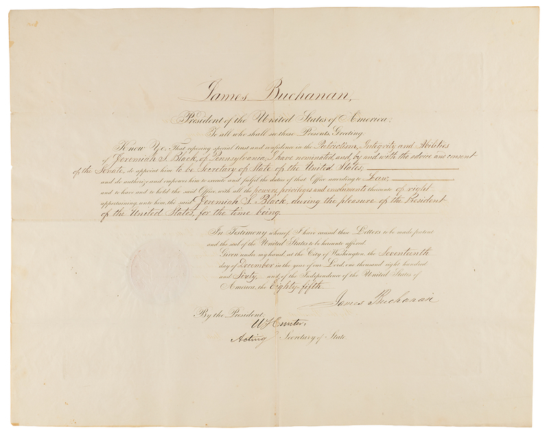Lot 7 James Buchanan Document Signed as President, Appointing Secretary of State Jeremiah Black Amidst the Secession Crisis