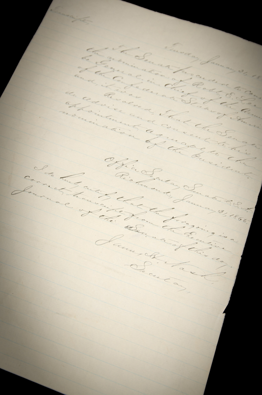 Lot 320 Robert E. Lee: Jefferson Davis's Initialed File Copy of Lee's Nomination as General in Chief of the Armies of the Confederate States