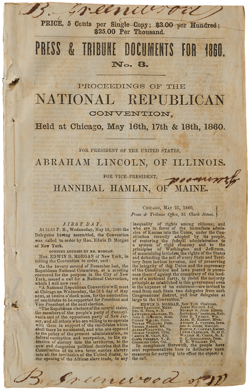 Lot 15 Abraham Lincoln and Hannibal Hamlin Original 1860 'Proceedings of the Republican National Convention' Pamphlet