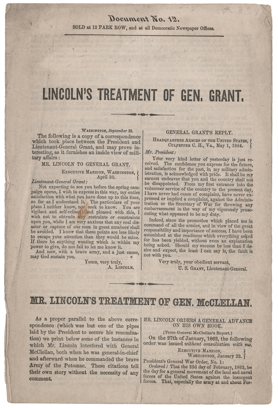 Lot 82 Abraham Lincoln: 1864 Anti-Lincoln Democratic Campaign Pamphlet – 'Lincoln’s Treatment of Gen. Grant and Gen. McClellan'