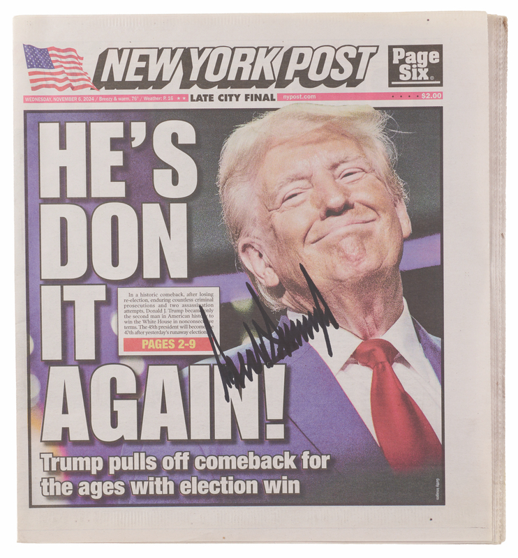 Lot 112 Donald Trump Signed 'New York Post' Newspaper - 2024 Presidential Election