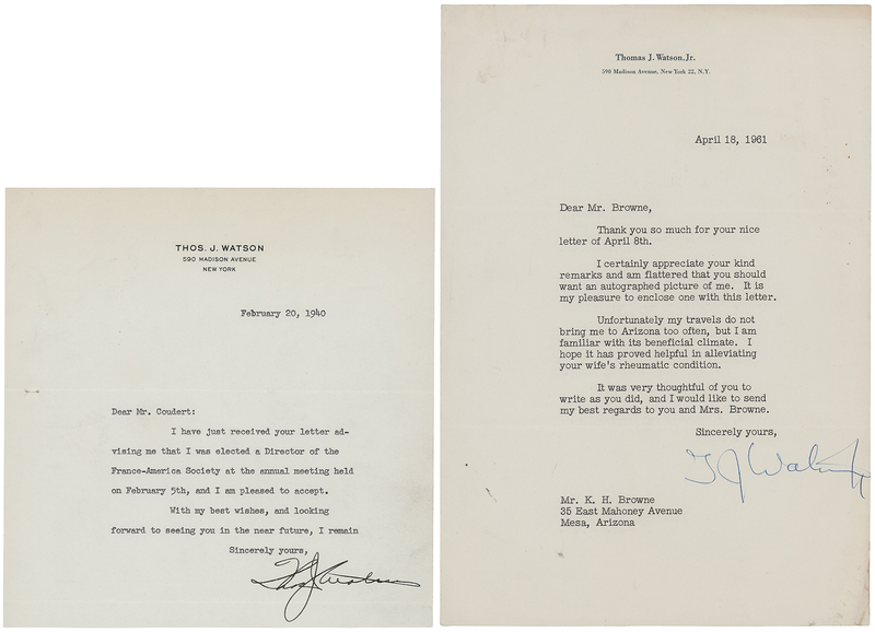 Lot 303 Thomas J. Watson, Sr. and Jr. (2) Typed Letters Signed