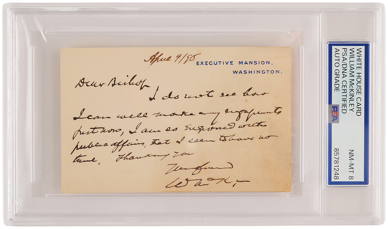 Lot 89 William McKinley Autograph Note Signed on White House Card - PSA NM-MT 8