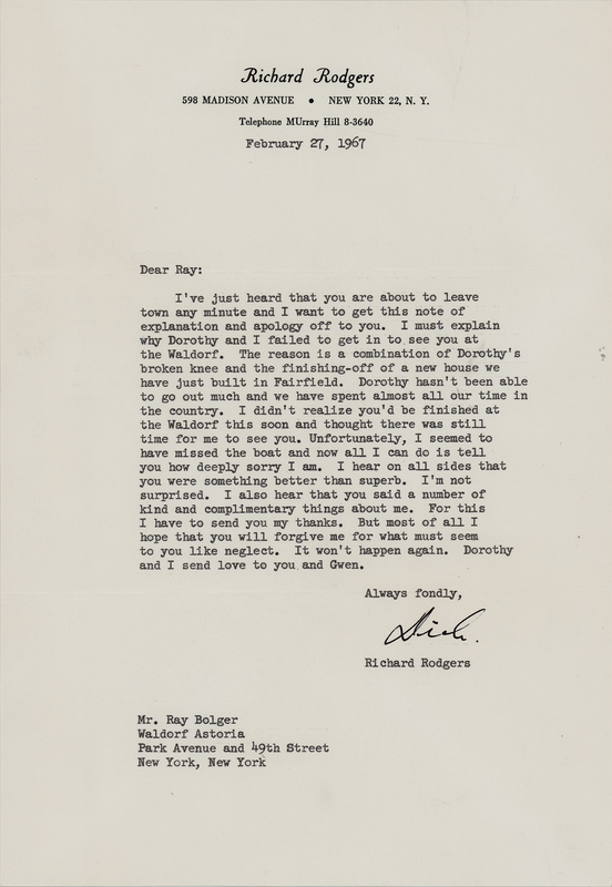 Lot 546 Richard Rodgers Typed Letter Signed to Ray Bolger
