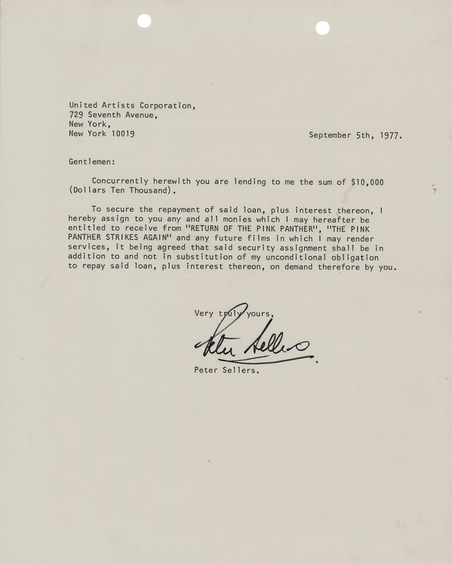 Lot 711 Peter Sellers Typed Letter Signed, Securing a Loan with Pink Panther Earnings