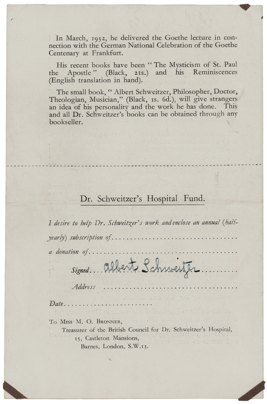Lot 289 Albert Schweitzer Signed 'Hospital Fund' Leaflet