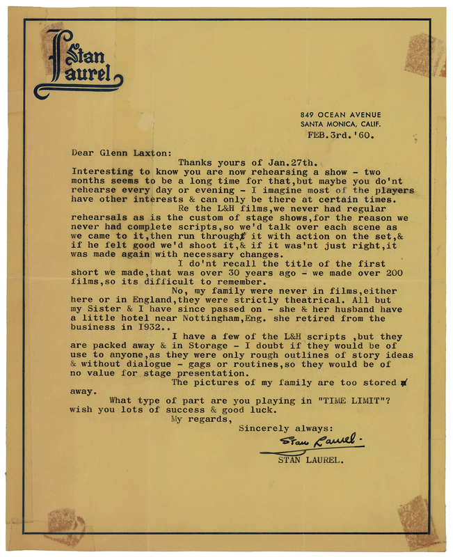 Lot 687 Stan Laurel Typed Letter Signed on the Laurel & Hardy Filmmaking Process: 