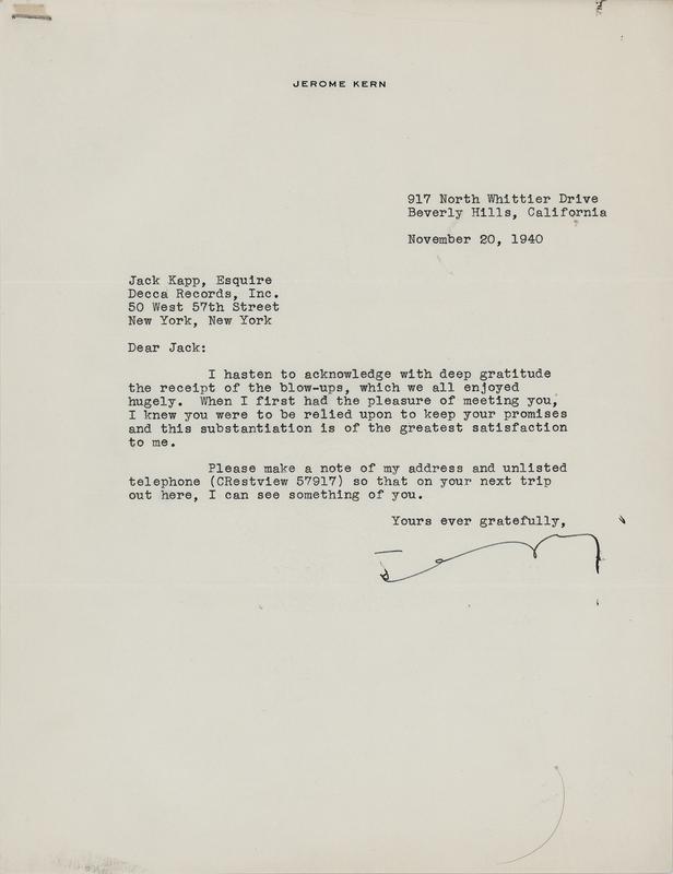 Lot 544 Jerome Kern Typed Letter Signed to Decca Records Founder Jack Kapp