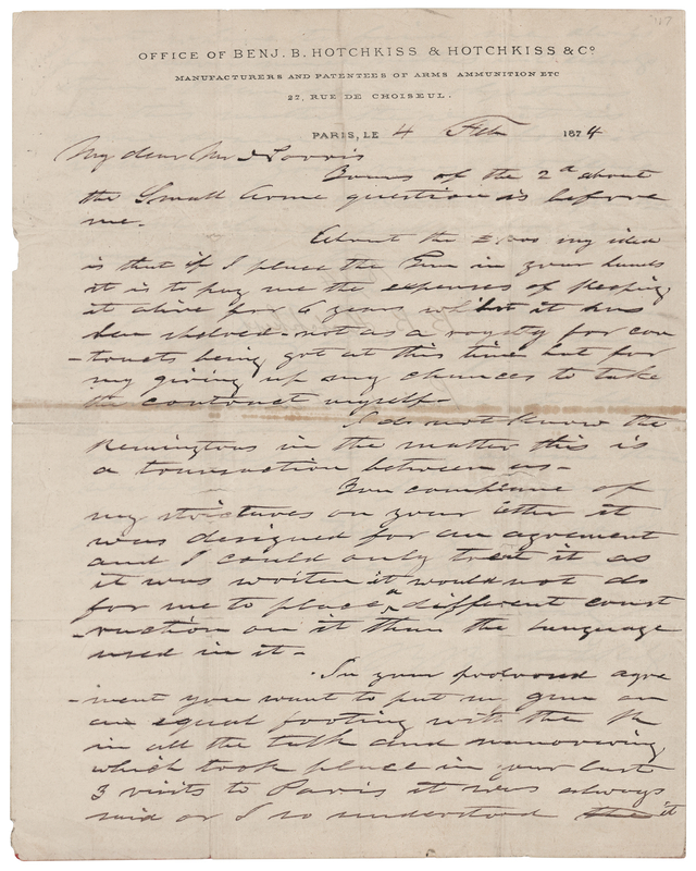 Lot 369 Benjamin Hotchkiss Autograph Letter Signed