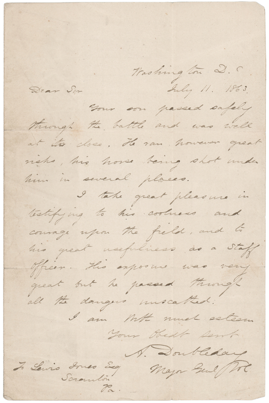 Lot 362 Abner Doubleday Civil War-Dated Autograph Letter Signed, Reporting after Gettysburg: 