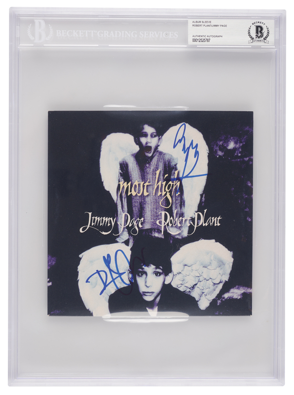 Lot 599 Led Zeppelin: Jimmy Page and Robert Plant Signed 45 RPM Record Sleeve - 'Most High'
