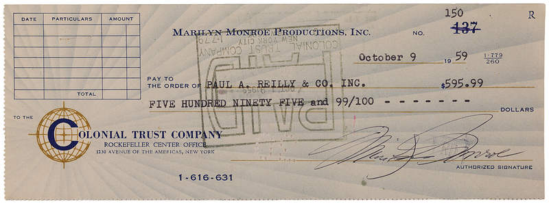 Lot 635 Marilyn Monroe Signed 'Marilyn Monroe Productions' Check (October 9, 1959)