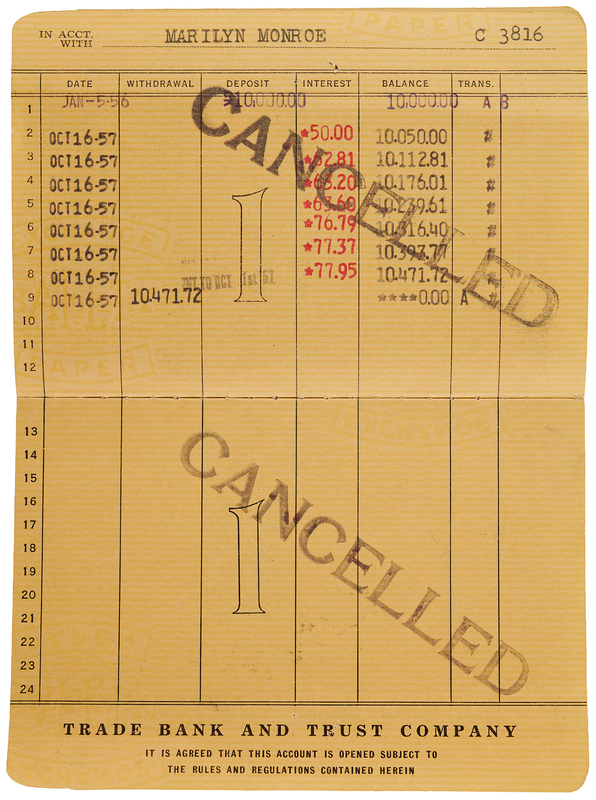 Lot 636 Marilyn Monroe's 'Trade Bank and Trust Company' Savings Account Booklet (1956-1957)