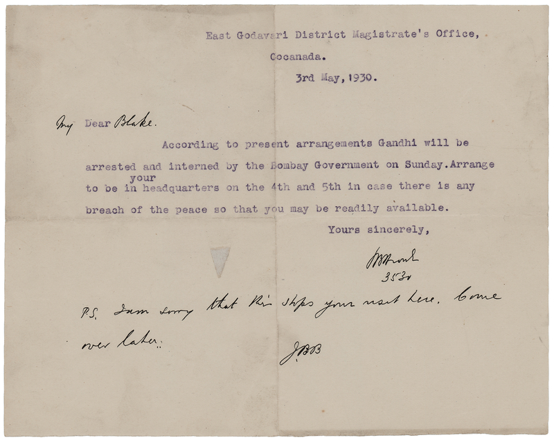Lot 247 [Mohandas Gandhi] Arrest Order Following His Salt March: 