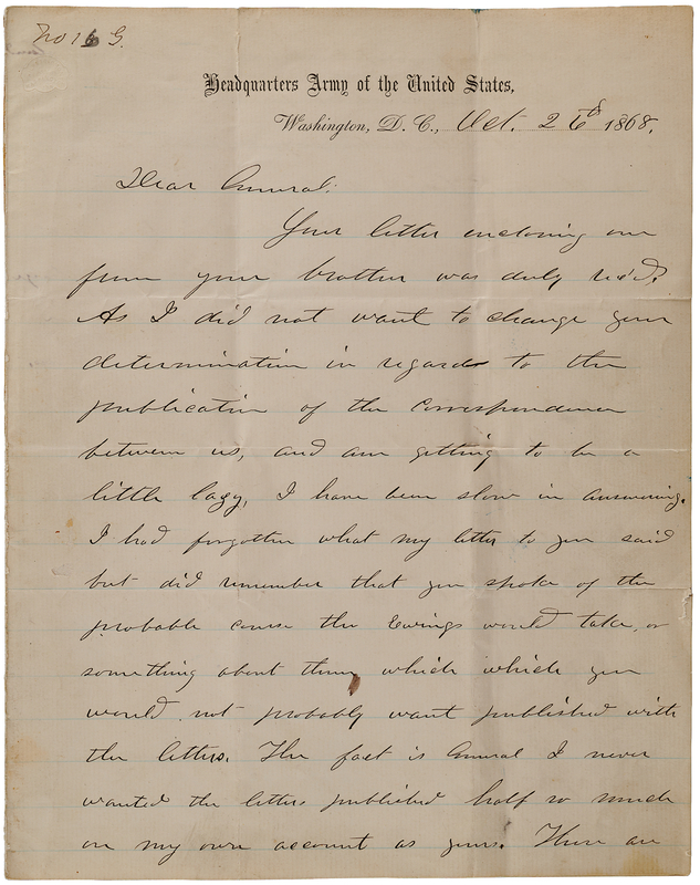 Lot 17 U. S. Grant Autograph Letter Signed to Gen. William T. Sherman, Preceding the 1868 Election, Docketed by Sherman: 