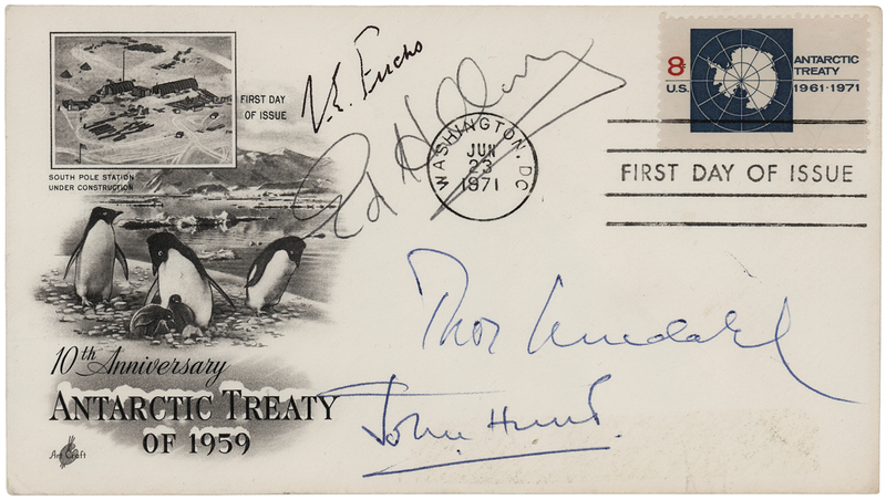 Lot 243 Explorers Signed First Day Cover with Hillary, Hunt, Heyerdahl, and Fuchs