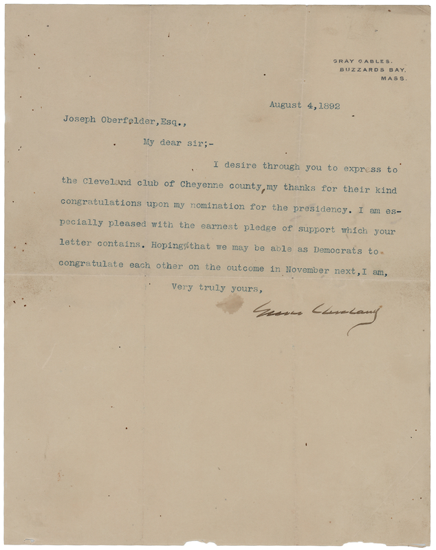 Lot 52 Grover Cleveland Typed Letter Signed, Sending Thanks for 