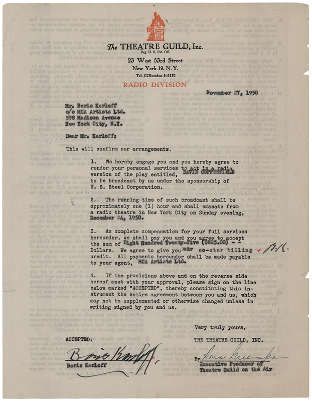 Lot 680 Boris Karloff Document Signed for 'David Copperfield'