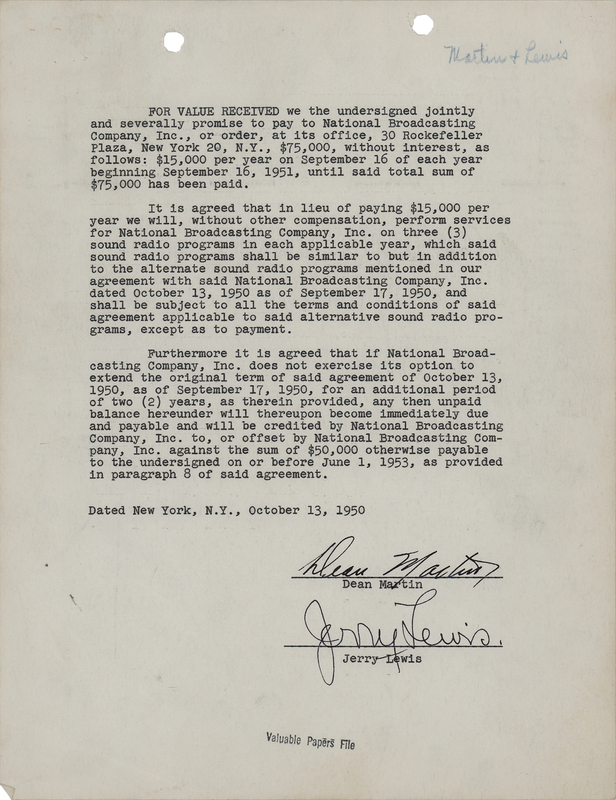 Lot 695 Dean Martin and Jerry Lewis Document Signed