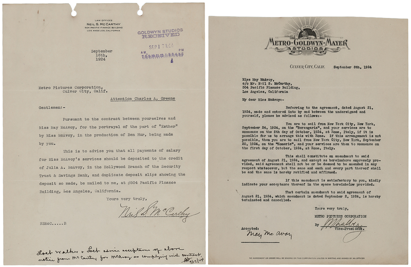Lot 717 Irving Thalberg and May McAvoy Document Signed for 'Ben-Hur'