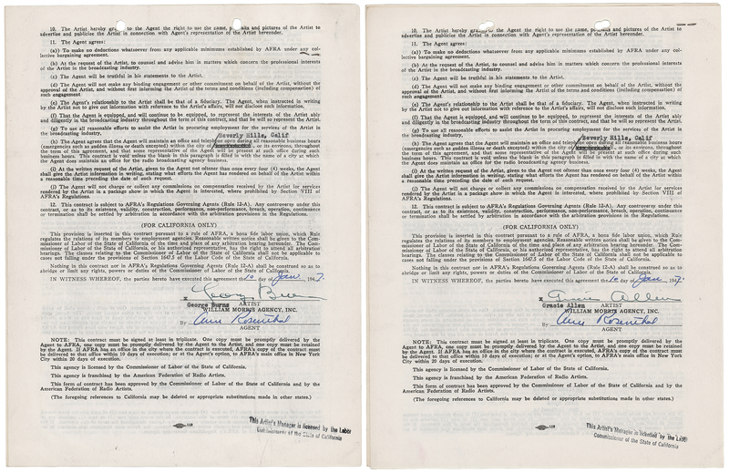 Lot 649 George Burns and Gracie Allen (2) Signed Agency Contracts
