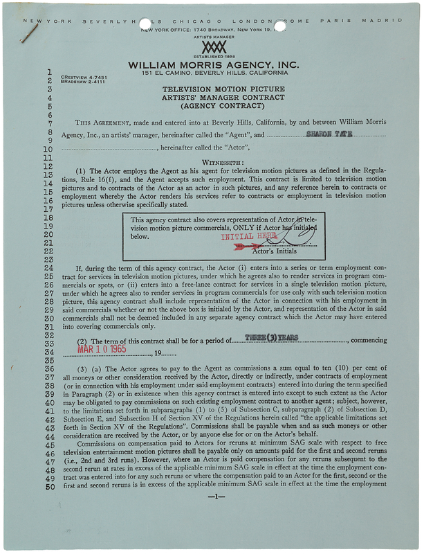 Lot 638 Sharon Tate Signed Agency Contract