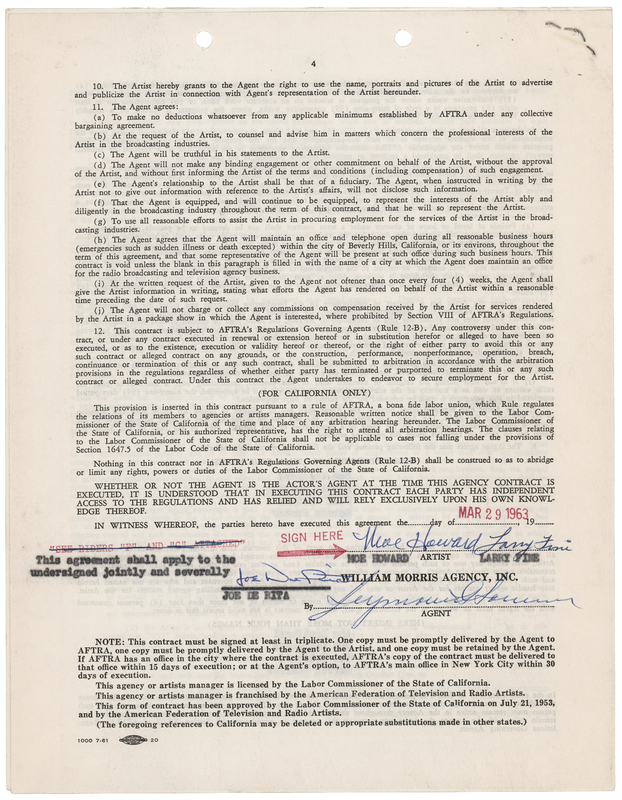 Lot 718 Three Stooges Signed Agency Contract