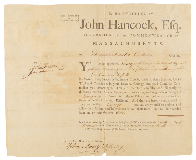 Lot 124 John Hancock Document Signed as Governor of Massachusetts
