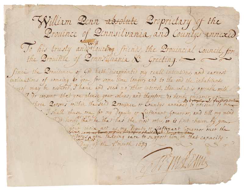 Lot 132 William Penn Partial Document Signed, Requesting Candidates for Lieutenant Governor of Pennsylvania