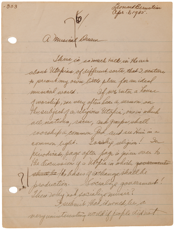 Lot 513 Leonard Bernstein Autograph Manuscript Signed - Essay on 
