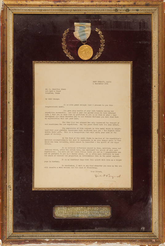 Lot 204 Richard E. Byrd: Congressional Gold Medal from the 1928-1930 Byrd Antarctic Expedition with Signed Transmittal Letter from Admiral Byrd - Presented to the Expedition's Supply Officer
