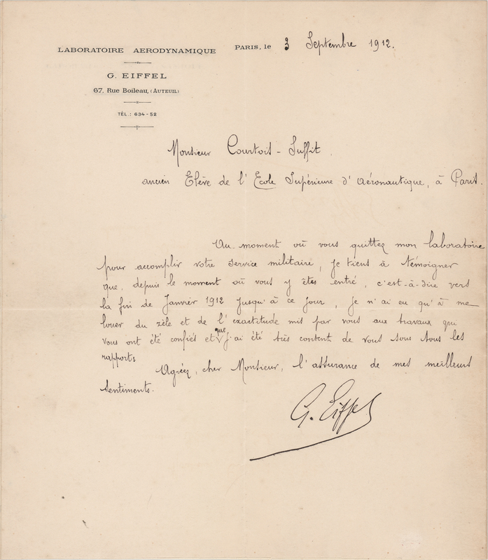 Lot 461 Gustave Eiffel Letter Signed to a Student of His Laboratoire Aerodynamique