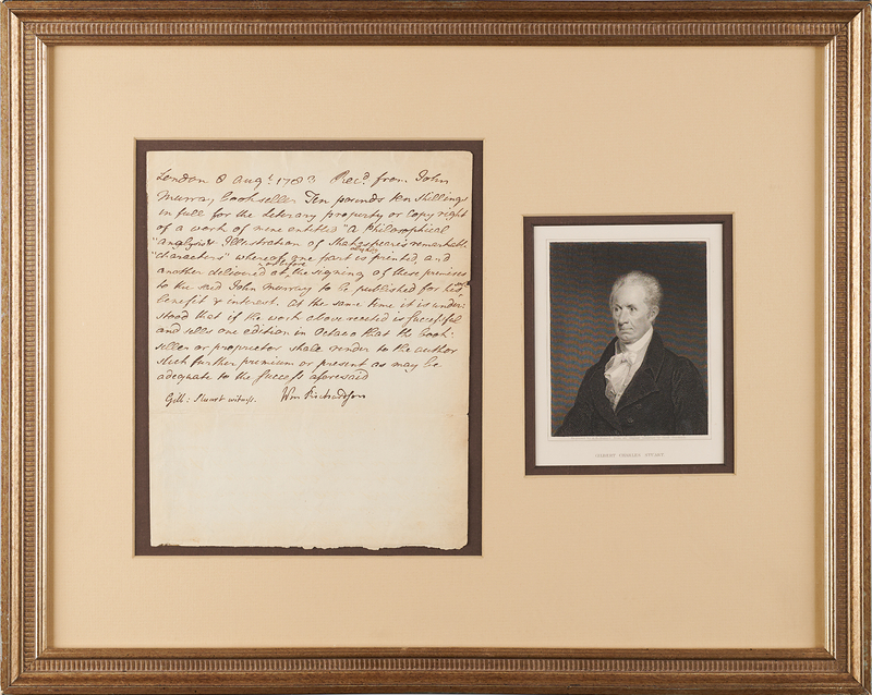 Lot 458 Gilbert Stuart Document Signed as Witness to the Copyright Sale of 'A Philosophical Analysis & Illustration of Shakespeare's Remarkable Characters'