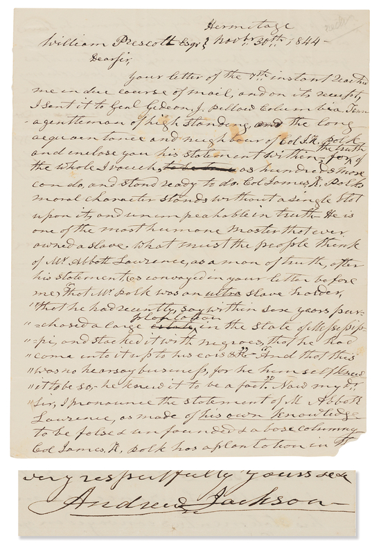 Lot 4 Andrew Jackson Autograph Letter Signed, Criticizing False Allegations Against His Protégé: 