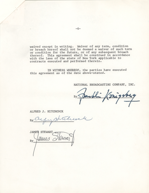Lot 677 Alfred Hitchcock and James Stewart Signed NBC Telecast Agreement for The Man Who Knew Too Much