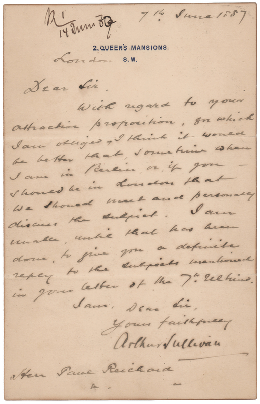 Lot 541 Arthur Sullivan Letter Signed