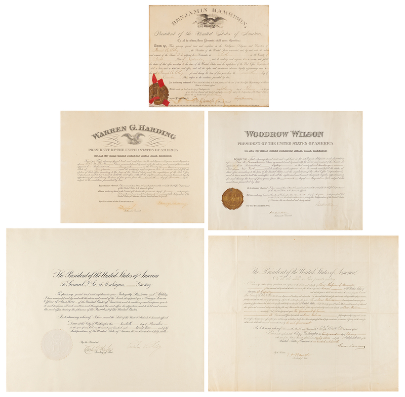 Lot 94 Presidents (5) Documents Signed - Cleveland, Harrison, Wilson, Harding, and Coolidge