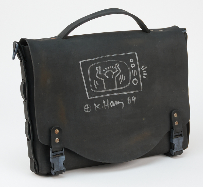 Lot 456 Keith Haring Signed Messenger Bag with Large TV Sketch