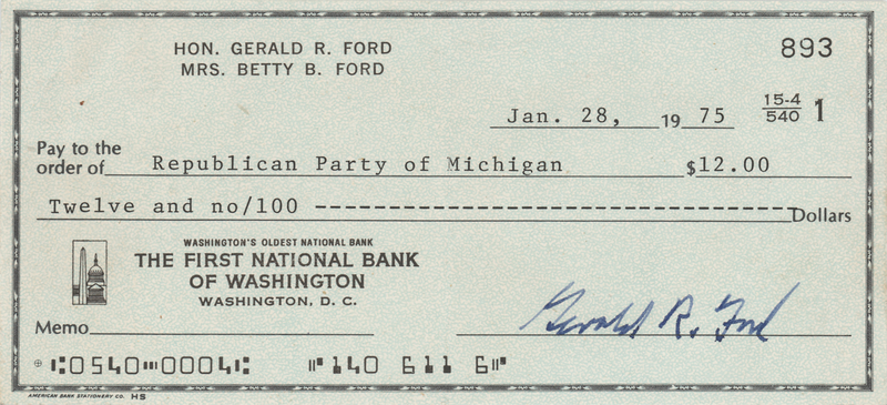 Lot 33 Gerald Ford Signed Check as President to the Republican Party of Michigan