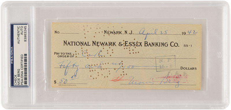 Lot 734 Moe Berg Signed Check