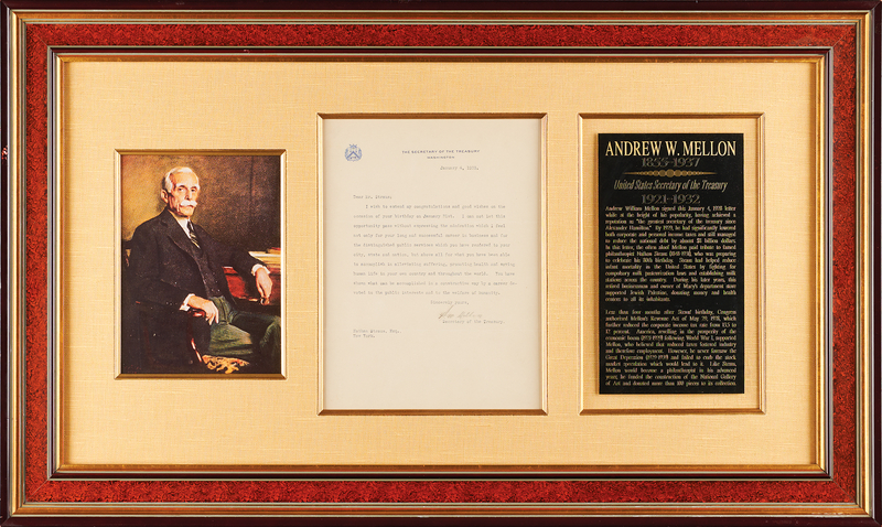 Lot 272 Andrew Mellon Typed Letter Signed to Philanthropist Nathan Straus, Recognizing 