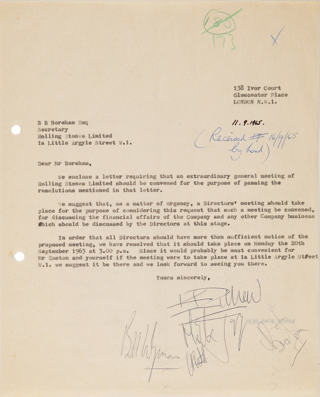 Lot 532 Rolling Stones Early Band-Signed Document - Official Letter to the Secretary of Rolling Stones Limited, the Group’s Official Company (1965)